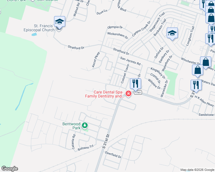 map of restaurants, bars, coffee shops, grocery stores, and more near 5303 Bentwood Lane in Temple