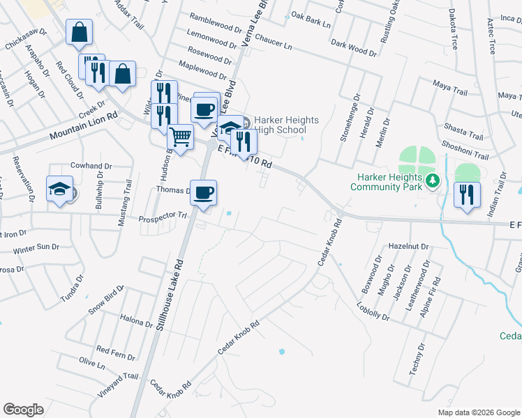 map of restaurants, bars, coffee shops, grocery stores, and more near 2308 Verona Court in Harker Heights