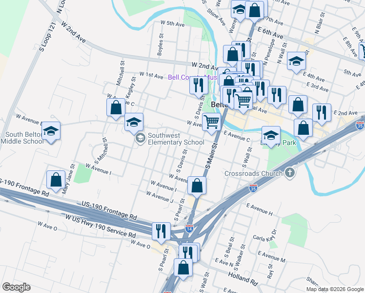 map of restaurants, bars, coffee shops, grocery stores, and more near 506 Jackson Street in Belton
