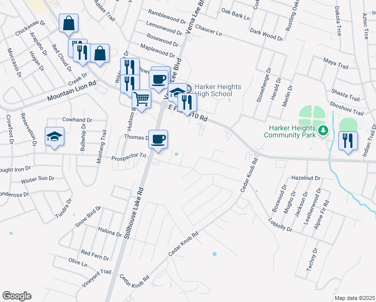 map of restaurants, bars, coffee shops, grocery stores, and more near 2308 Verona Court in Harker Heights