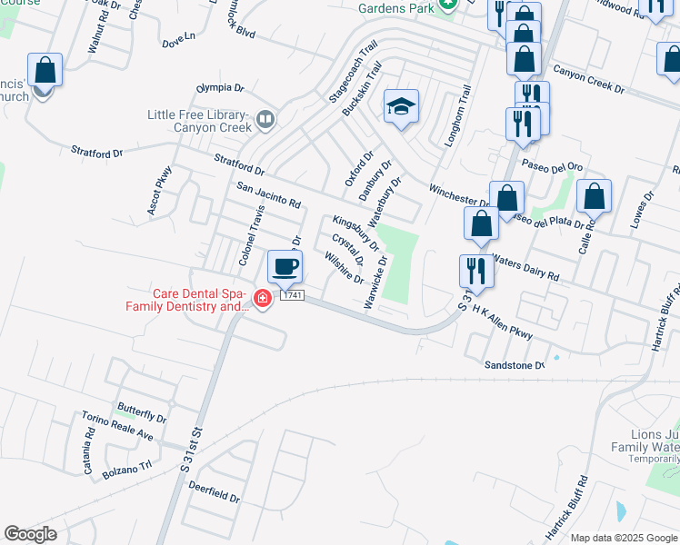 map of restaurants, bars, coffee shops, grocery stores, and more near 5105 Waterford Drive in Temple