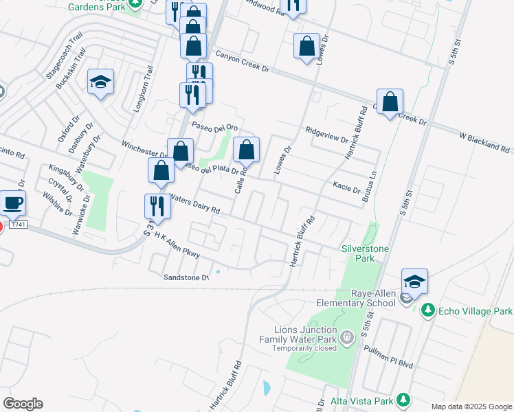 map of restaurants, bars, coffee shops, grocery stores, and more near 4712 Ridge Way Drive in Temple