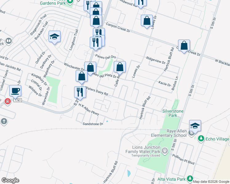 map of restaurants, bars, coffee shops, grocery stores, and more near 4901 Calle Roble in Temple