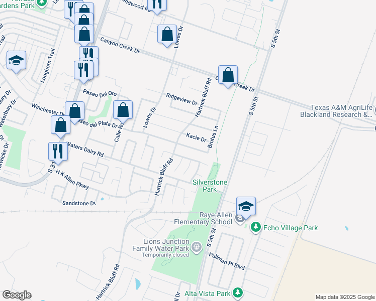 map of restaurants, bars, coffee shops, grocery stores, and more near 621 Paseo del Plata Drive in Temple