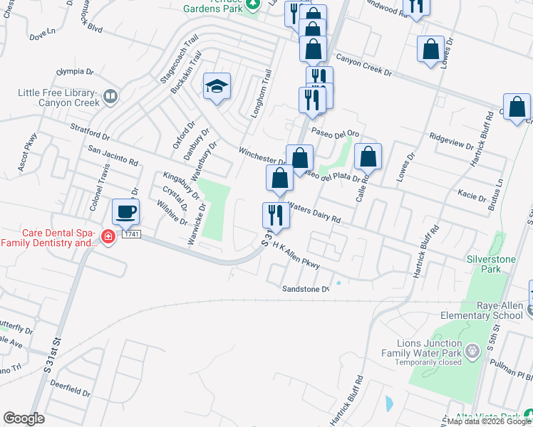 map of restaurants, bars, coffee shops, grocery stores, and more near 5000 South 31st Street in Temple