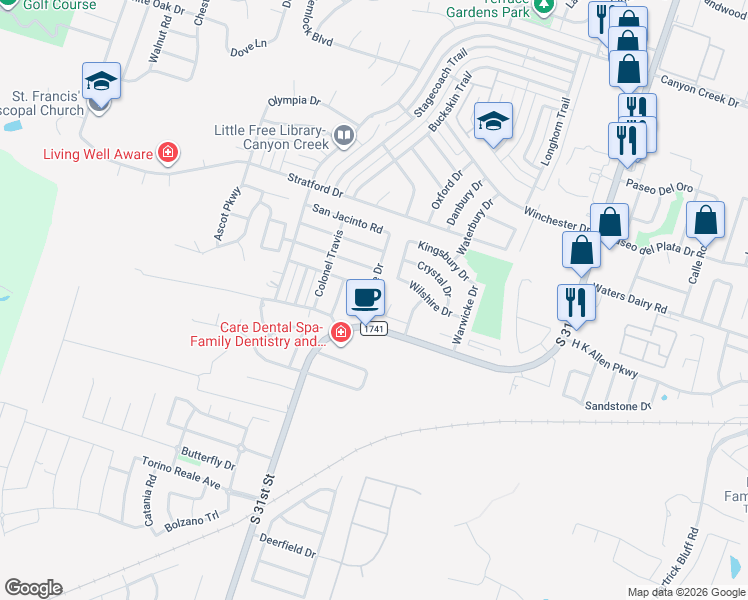 map of restaurants, bars, coffee shops, grocery stores, and more near 5205 J I Bruce Drive in Temple