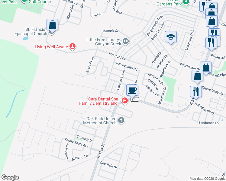 map of restaurants, bars, coffee shops, grocery stores, and more near 5213 Davy Crockett in Temple