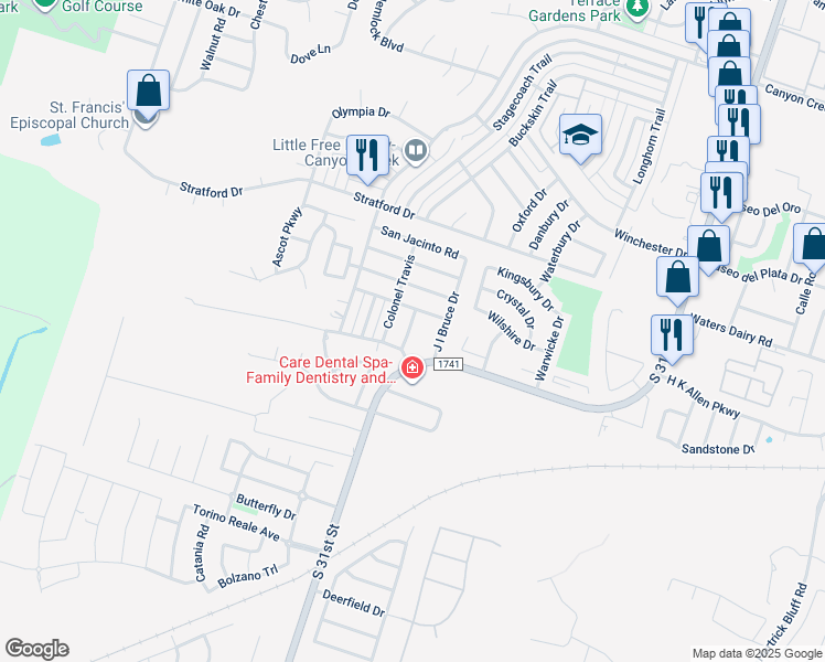 map of restaurants, bars, coffee shops, grocery stores, and more near 5121 Sam Houston in Temple