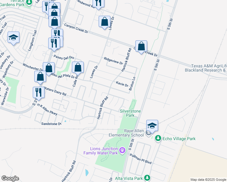 map of restaurants, bars, coffee shops, grocery stores, and more near 621 Paseo del Plata Drive in Temple