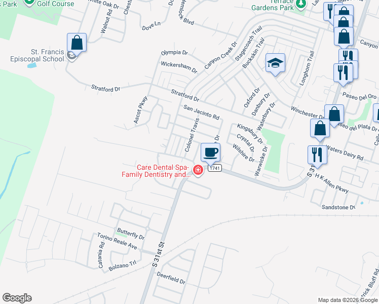 map of restaurants, bars, coffee shops, grocery stores, and more near 5121 Sam Houston in Temple