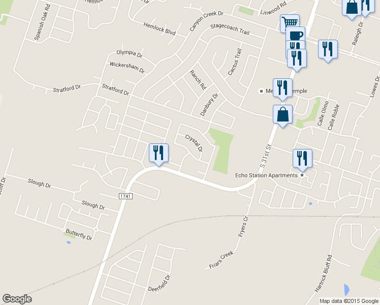 map of restaurants, bars, coffee shops, grocery stores, and more near 2500 Wilshire Drive in Temple