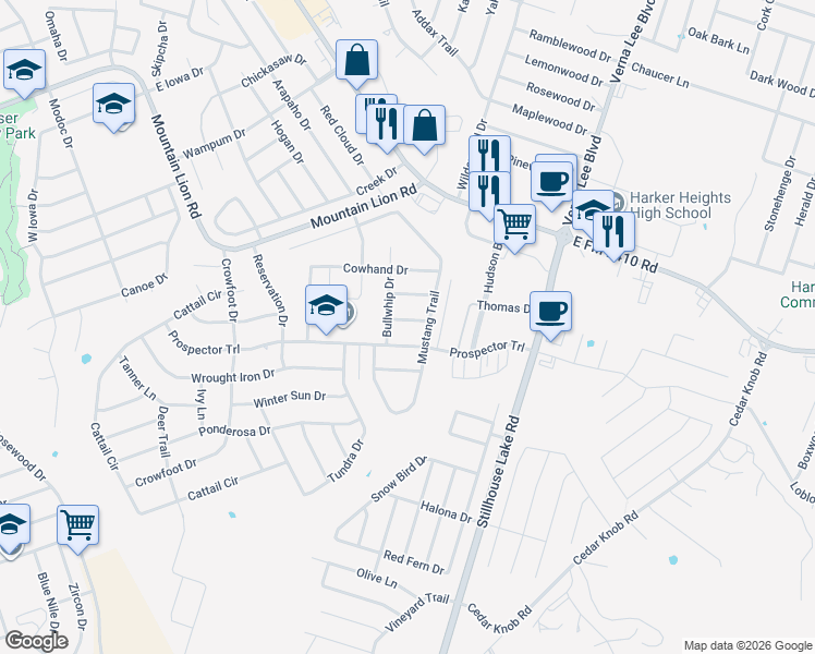 map of restaurants, bars, coffee shops, grocery stores, and more near 706 White Hawk Trail in Harker Heights