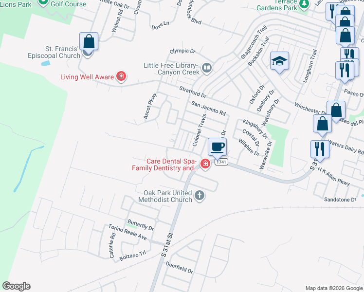 map of restaurants, bars, coffee shops, grocery stores, and more near 5213 Davy Crockett in Temple