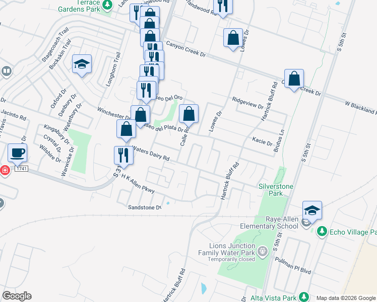 map of restaurants, bars, coffee shops, grocery stores, and more near 4901 Calle Roble in Temple