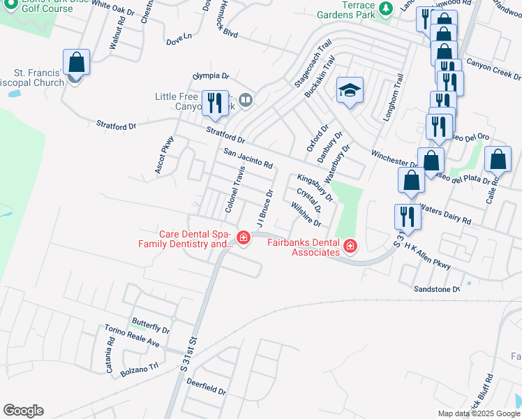 map of restaurants, bars, coffee shops, grocery stores, and more near 5202 J I Bruce Drive in Temple