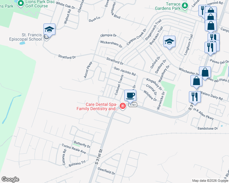 map of restaurants, bars, coffee shops, grocery stores, and more near 5213 Davy Crockett in Temple