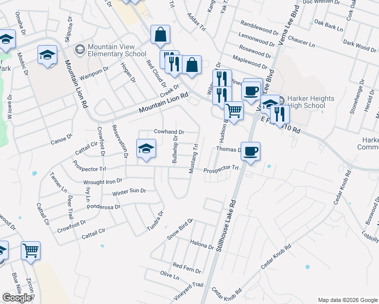 map of restaurants, bars, coffee shops, grocery stores, and more near 704 White Hawk Trail in Harker Heights