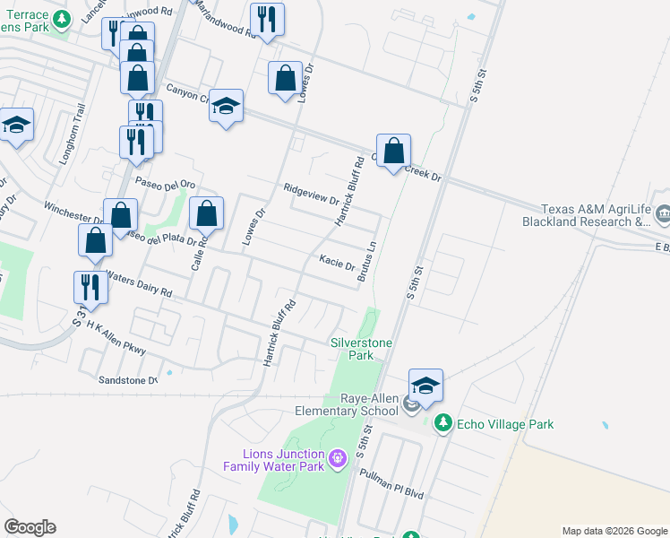 map of restaurants, bars, coffee shops, grocery stores, and more near 516 Paseo del Plata Drive in Temple