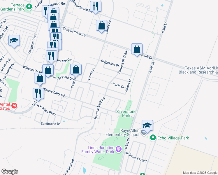 map of restaurants, bars, coffee shops, grocery stores, and more near 621 Paseo del Plata Drive in Temple