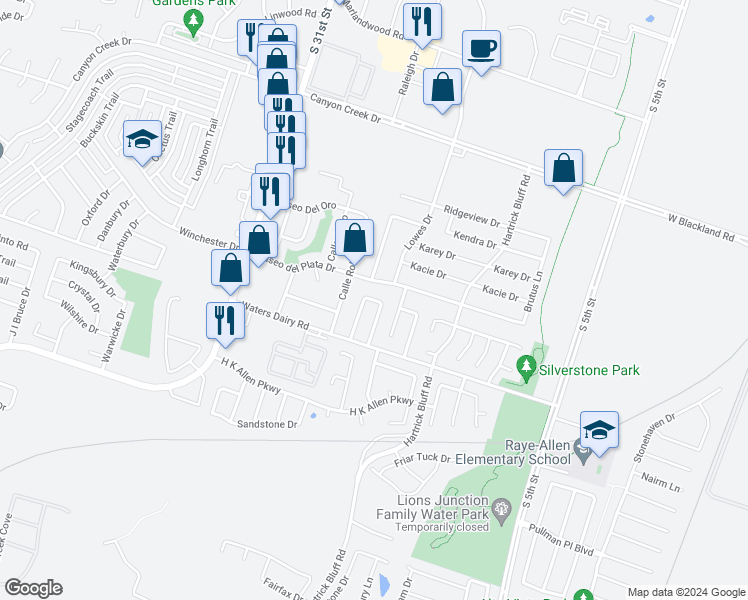 map of restaurants, bars, coffee shops, grocery stores, and more near 2315 Ridge Way Drive in Temple