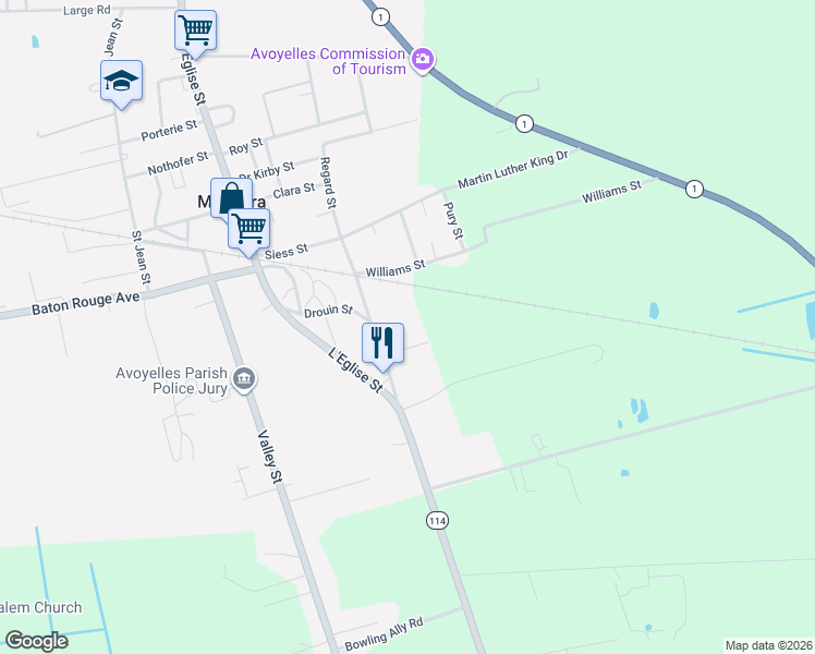 map of restaurants, bars, coffee shops, grocery stores, and more near 7050-7056 Huey Roy Street in Mansura