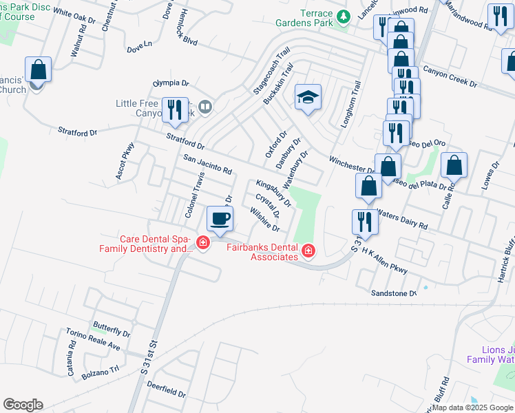 map of restaurants, bars, coffee shops, grocery stores, and more near 2512 Wilshire Drive in Temple