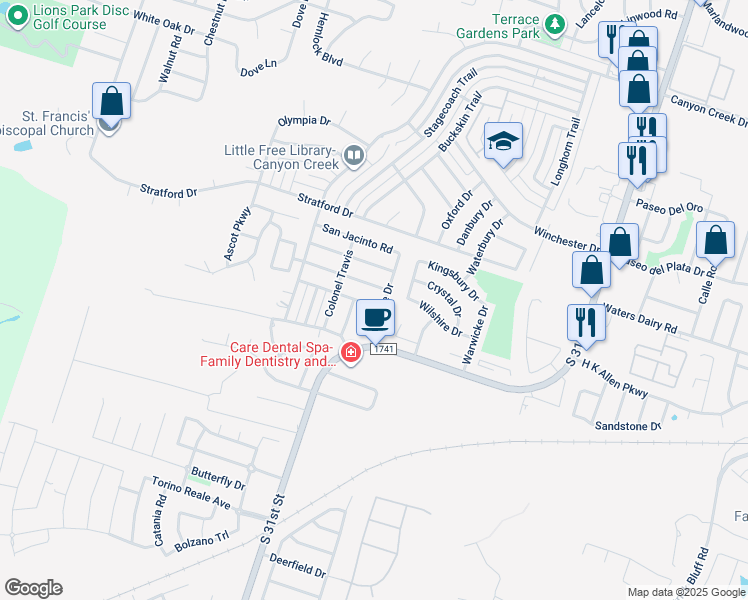 map of restaurants, bars, coffee shops, grocery stores, and more near 5008 J I Bruce Drive in Temple