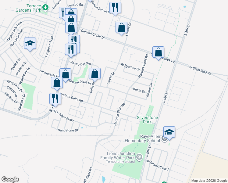 map of restaurants, bars, coffee shops, grocery stores, and more near 926 Paseo del Plata Drive in Temple