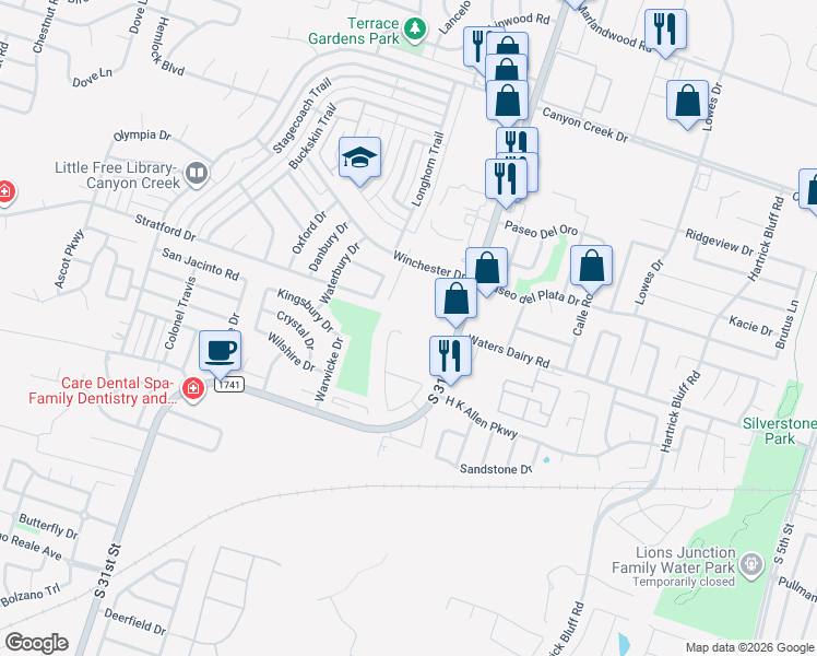 map of restaurants, bars, coffee shops, grocery stores, and more near 4802 South 31st Street in Temple