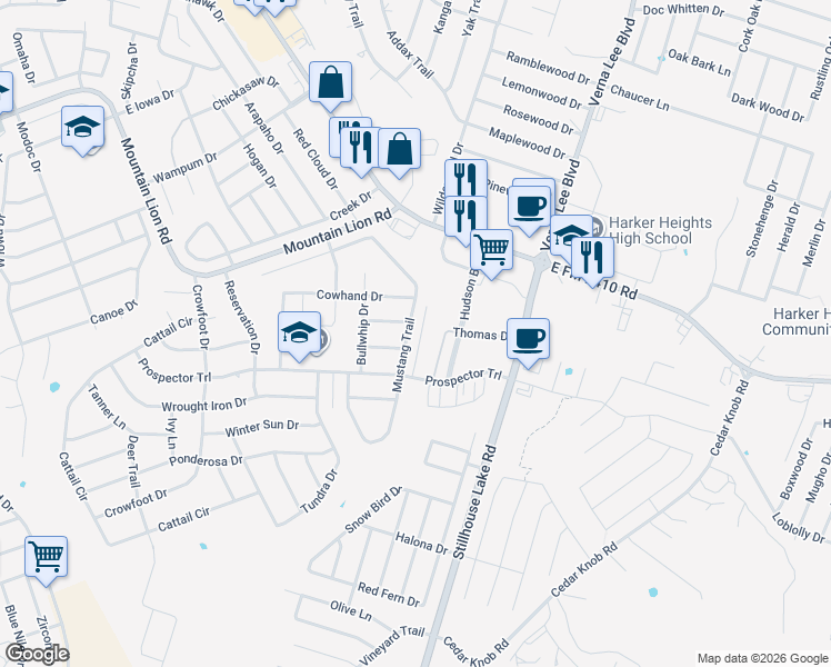 map of restaurants, bars, coffee shops, grocery stores, and more near 809 Mustang Trail in Harker Heights
