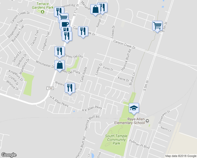 map of restaurants, bars, coffee shops, grocery stores, and more near 921 Paseo Del Plata in Temple