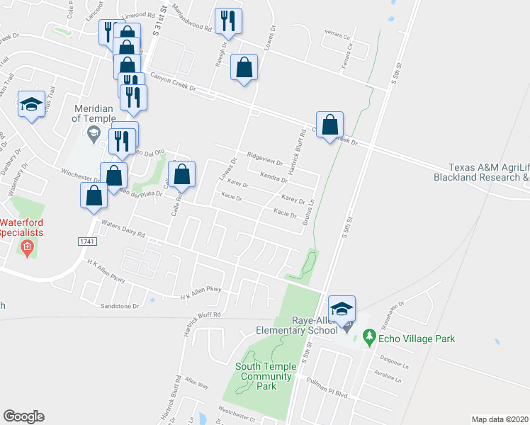 map of restaurants, bars, coffee shops, grocery stores, and more near Kacie Drive in Temple