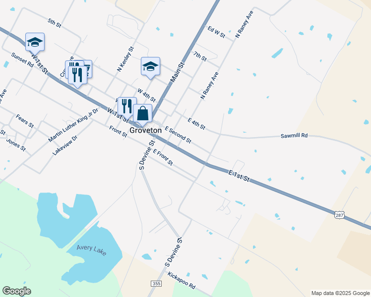 map of restaurants, bars, coffee shops, grocery stores, and more near 287 East 1st Street in Groveton