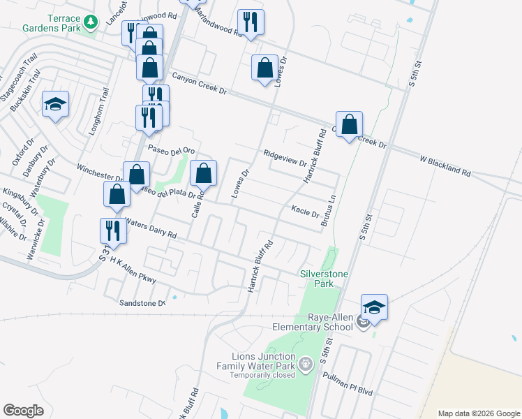 map of restaurants, bars, coffee shops, grocery stores, and more near 821 Kacie Drive in Temple