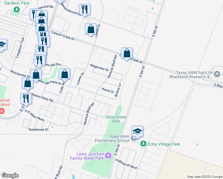 map of restaurants, bars, coffee shops, grocery stores, and more near 522 Kacie Drive in Temple