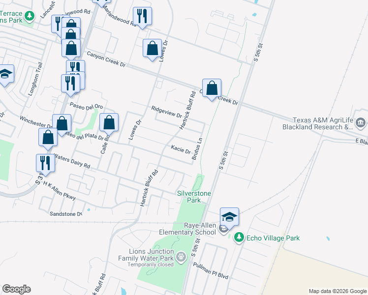 map of restaurants, bars, coffee shops, grocery stores, and more near 603 Karey Drive in Temple