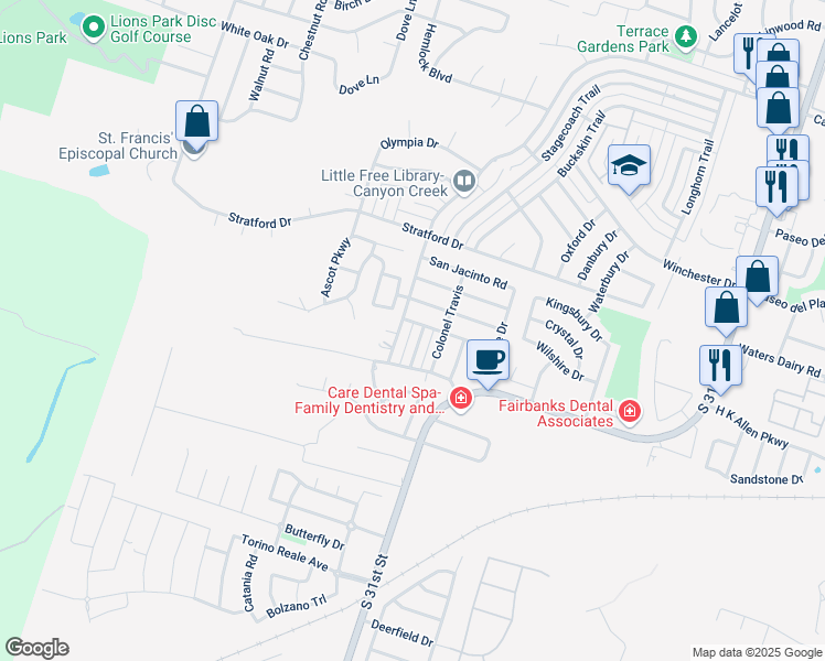 map of restaurants, bars, coffee shops, grocery stores, and more near 2826 Daniel Boone Trail in Temple
