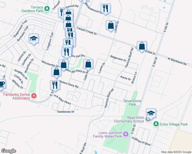 map of restaurants, bars, coffee shops, grocery stores, and more near 4615 Canyon Ridge in Temple