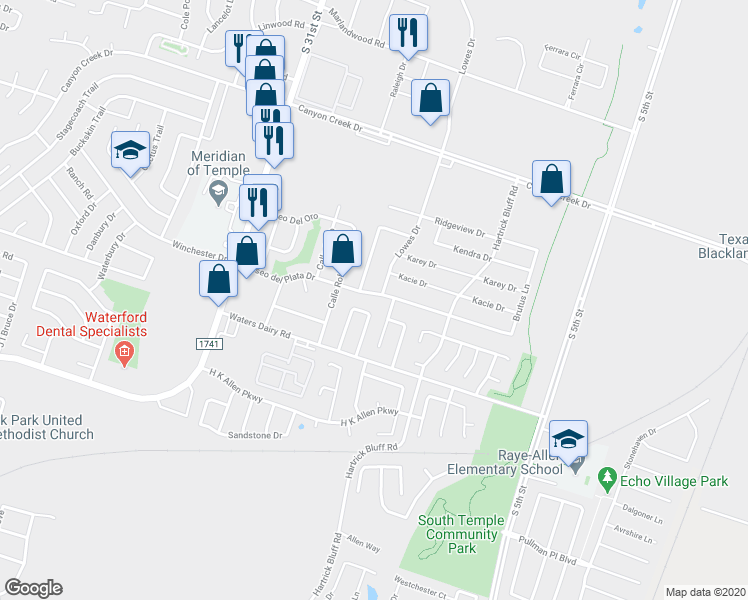 map of restaurants, bars, coffee shops, grocery stores, and more near 1015 Paseo Del Plata in Temple