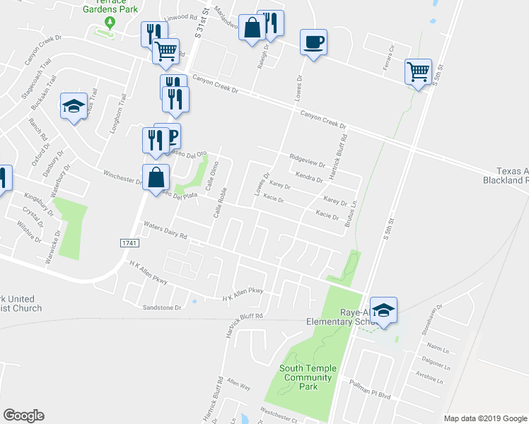 map of restaurants, bars, coffee shops, grocery stores, and more near 631 Paseo Del Plata in Temple