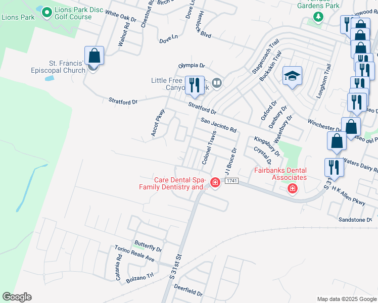 map of restaurants, bars, coffee shops, grocery stores, and more near 5109 Canyon Creek Drive in Temple