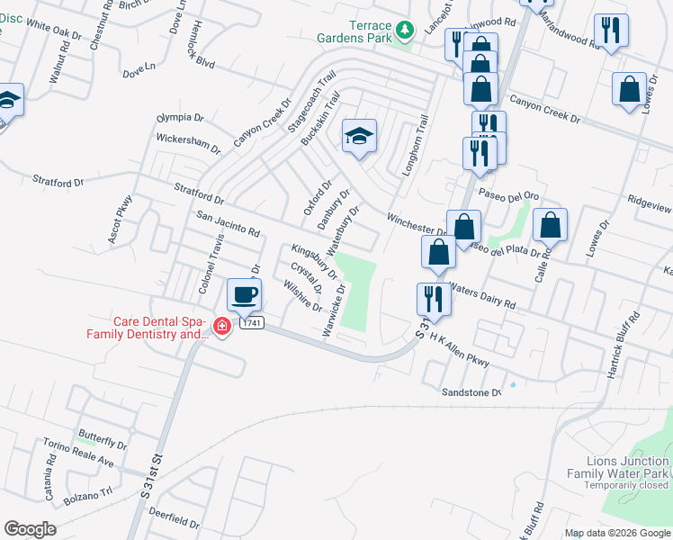 map of restaurants, bars, coffee shops, grocery stores, and more near 5001 Warwicke Drive in Temple