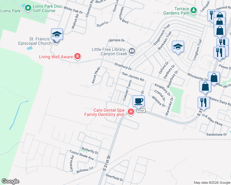 map of restaurants, bars, coffee shops, grocery stores, and more near 2826 Daniel Boone Trail in Temple