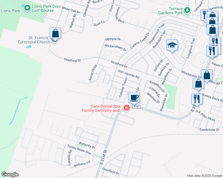 map of restaurants, bars, coffee shops, grocery stores, and more near 2826 Daniel Boone Trail in Temple