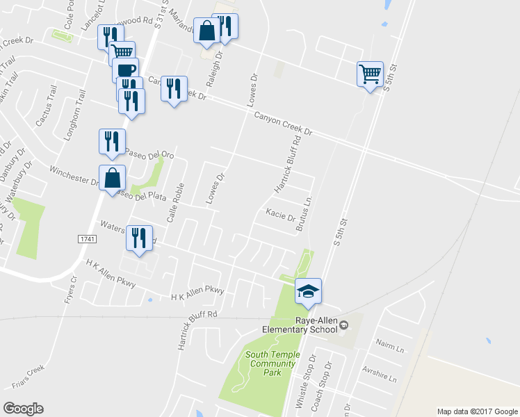map of restaurants, bars, coffee shops, grocery stores, and more near Kacie Drive in Temple