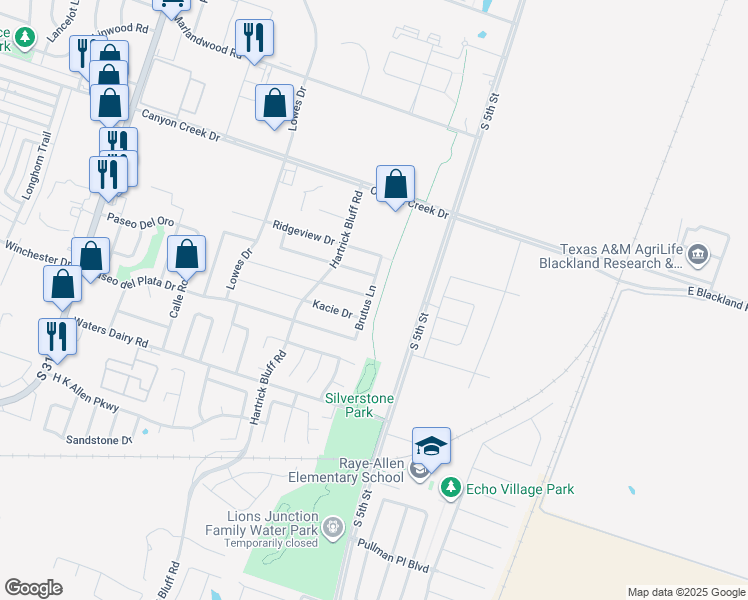 map of restaurants, bars, coffee shops, grocery stores, and more near 4421 Brutus Lane in Temple