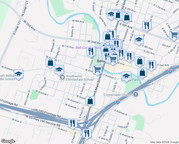 map of restaurants, bars, coffee shops, grocery stores, and more near 213 West Avenue C in Belton
