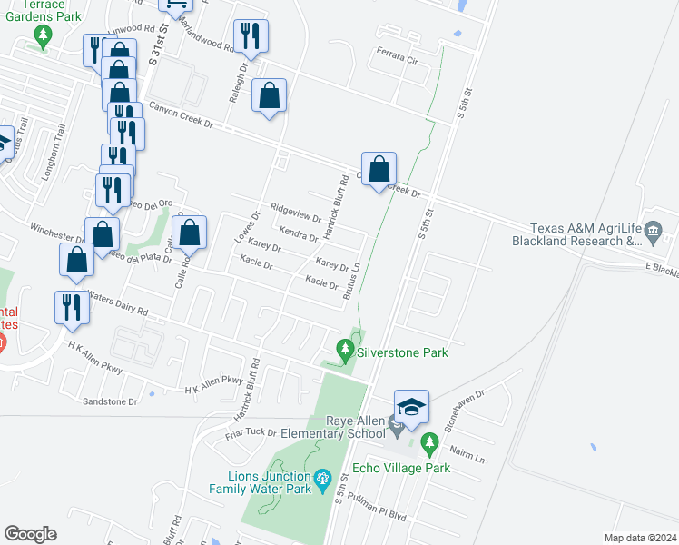 map of restaurants, bars, coffee shops, grocery stores, and more near 517 Karey Drive in Temple