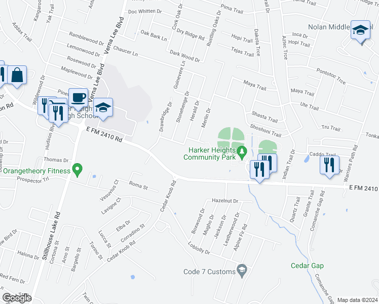 map of restaurants, bars, coffee shops, grocery stores, and more near 1218 Lancelot Drive in Harker Heights