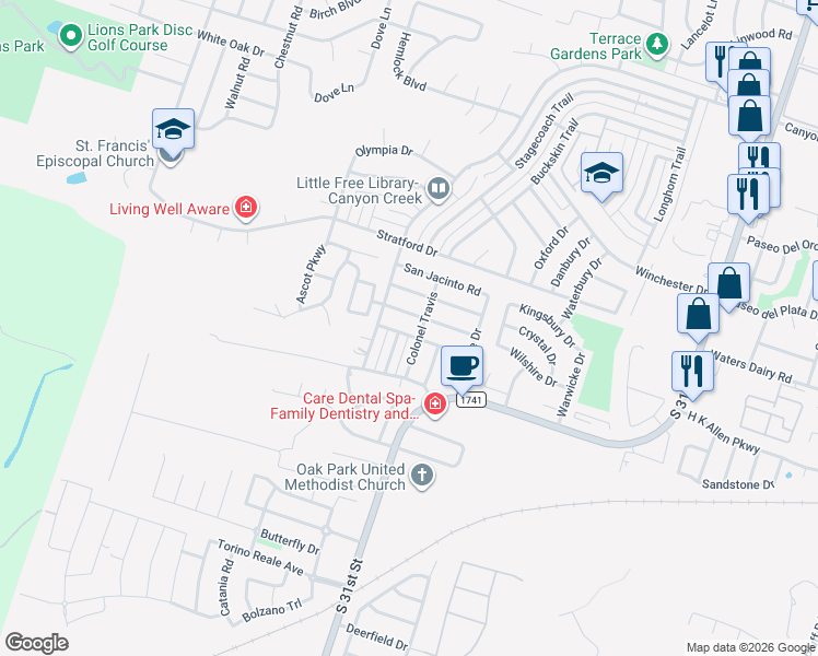 map of restaurants, bars, coffee shops, grocery stores, and more near 2826 Daniel Boone Trail in Temple